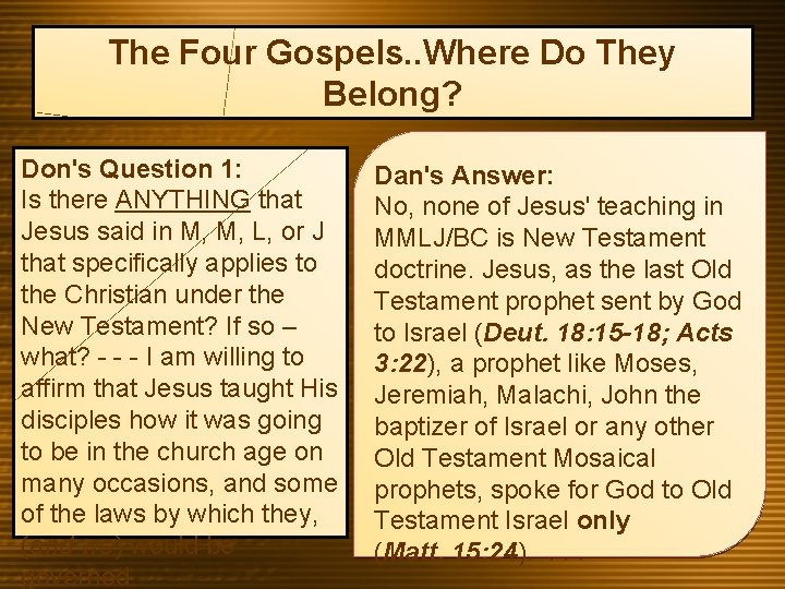 The Four Gospels. . Where Do They Belong? Don's Question 1: Is there ANYTHING