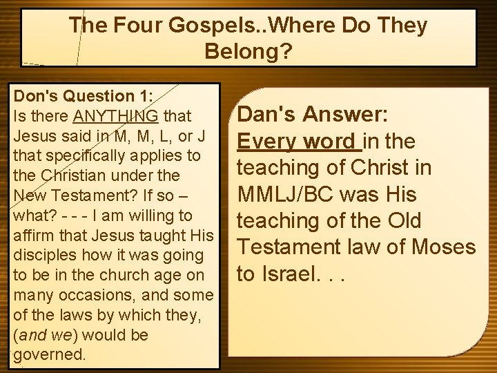 The Four Gospels. . Where Do They Belong? Don's Question 1: Is there ANYTHING