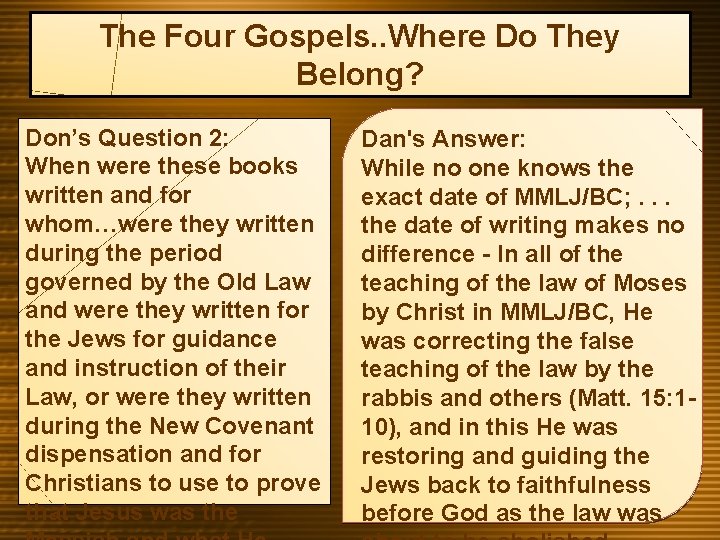 The Four Gospels. . Where Do They Belong? Don’s Question 2: When were these