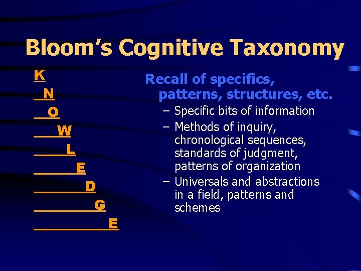 Bloom’s Cognitive Taxonomy K N O W L Recall of specifics, patterns, structures, etc.
