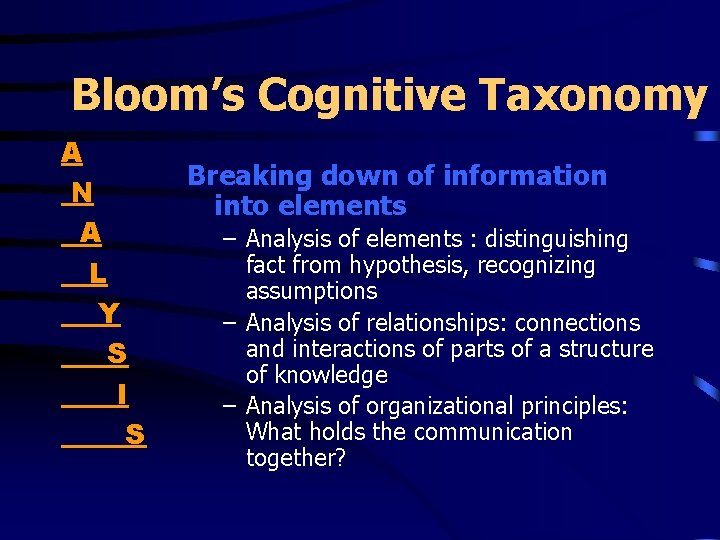 Bloom’s Cognitive Taxonomy A N A L Y S I S Breaking down of