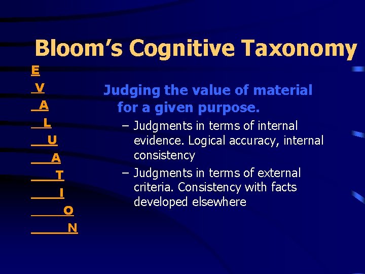 Bloom’s Cognitive Taxonomy E V A L U A T I O N Judging