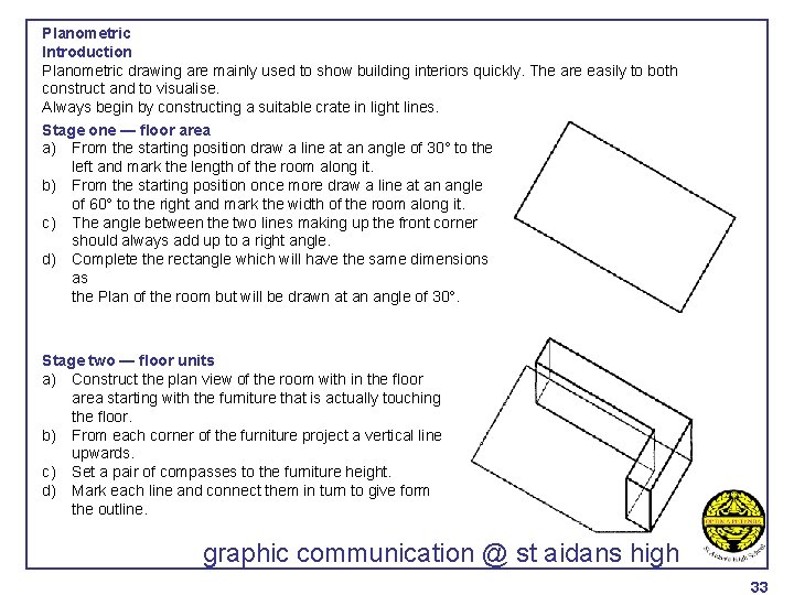 Planometric Introduction Planometric drawing are mainly used to show building interiors quickly. The are