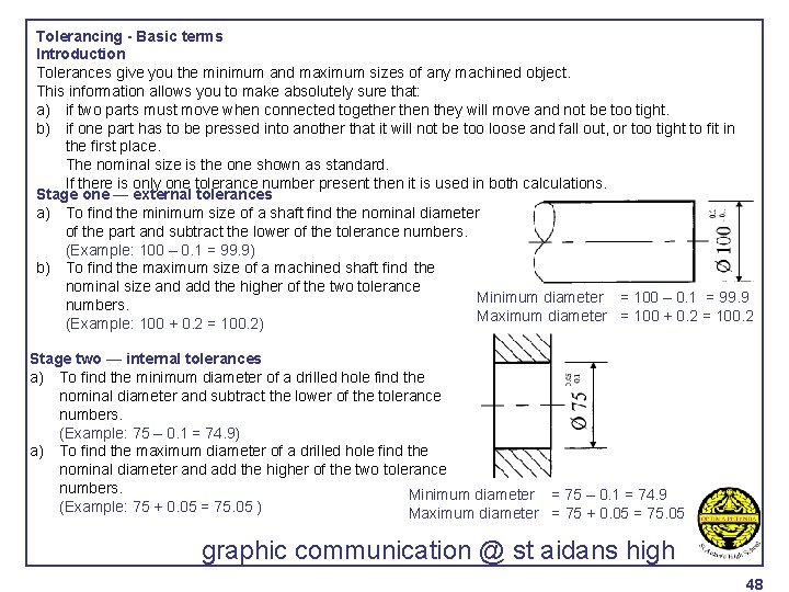 Tolerancing - Basic terms Introduction Tolerances give you the minimum and maximum sizes of