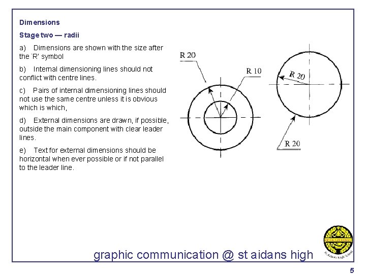 Dimensions Stage two — radii a) Dimensions are shown with the size after the