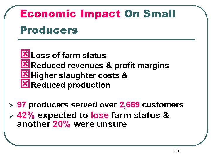 Economic Impact On Small Producers ýLoss of farm status ýReduced revenues & profit margins