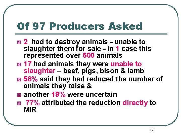 Of 97 Producers Asked ý ý ý 2 had to destroy animals - unable