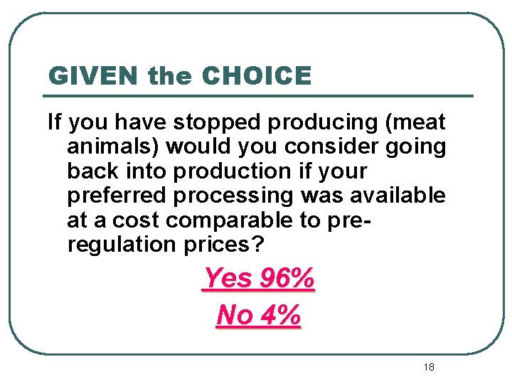 GIVEN the CHOICE If you have stopped producing (meat animals) would you consider going