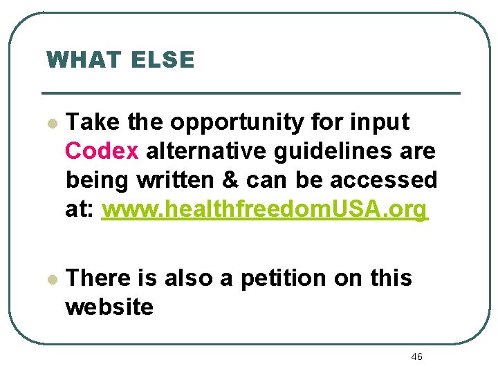 WHAT ELSE l Take the opportunity for input Codex alternative guidelines are being written