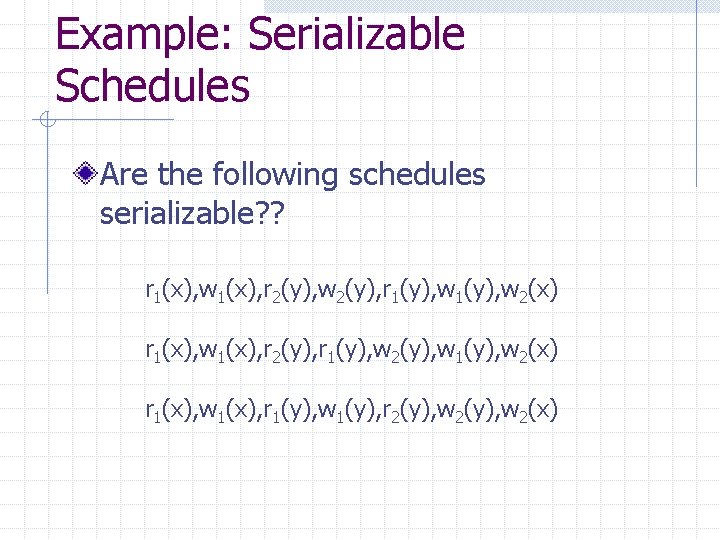Example: Serializable Schedules Are the following schedules serializable? ? r 1(x), w 1(x), r