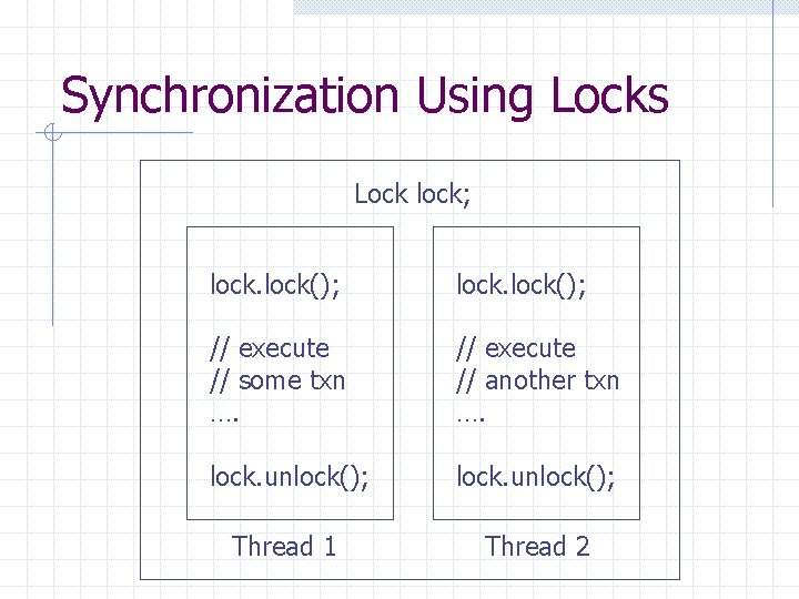 Synchronization Using Locks Lock lock; lock(); // execute // some txn …. // execute