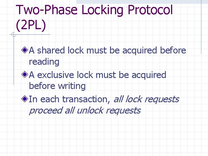 Two-Phase Locking Protocol (2 PL) A shared lock must be acquired before reading A