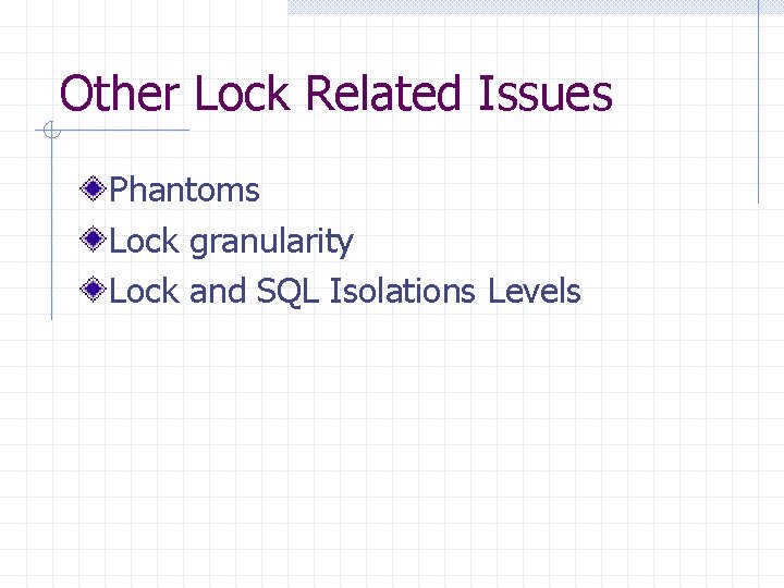 Other Lock Related Issues Phantoms Lock granularity Lock and SQL Isolations Levels 