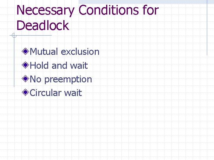 Necessary Conditions for Deadlock Mutual exclusion Hold and wait No preemption Circular wait 