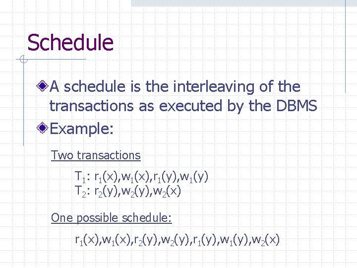 Schedule A schedule is the interleaving of the transactions as executed by the DBMS