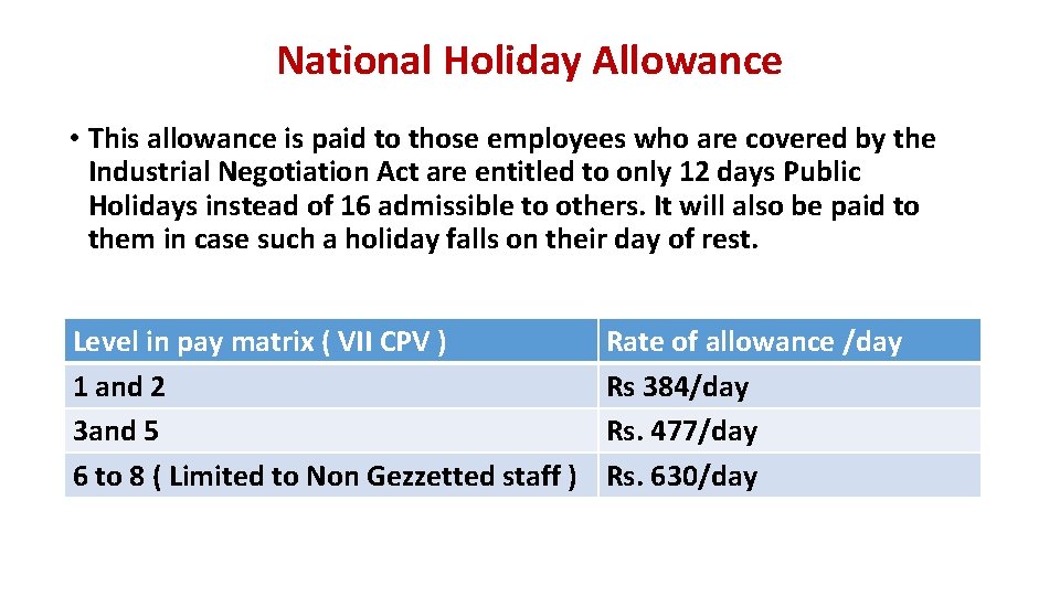 National Holiday Allowance • This allowance is paid to those employees who are covered