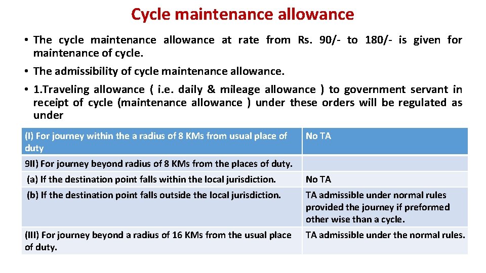Cycle maintenance allowance • The cycle maintenance allowance at rate from Rs. 90/- to