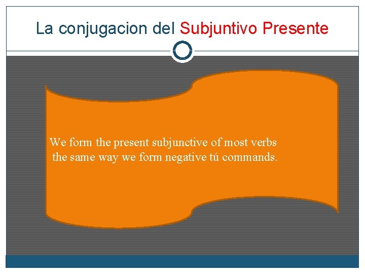 La conjugacion del Subjuntivo Presente We form the present subjunctive of most verbs the
