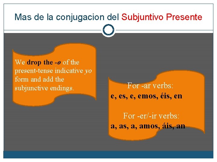 Mas de la conjugacion del Subjuntivo Presente We drop the -o of the present-tense