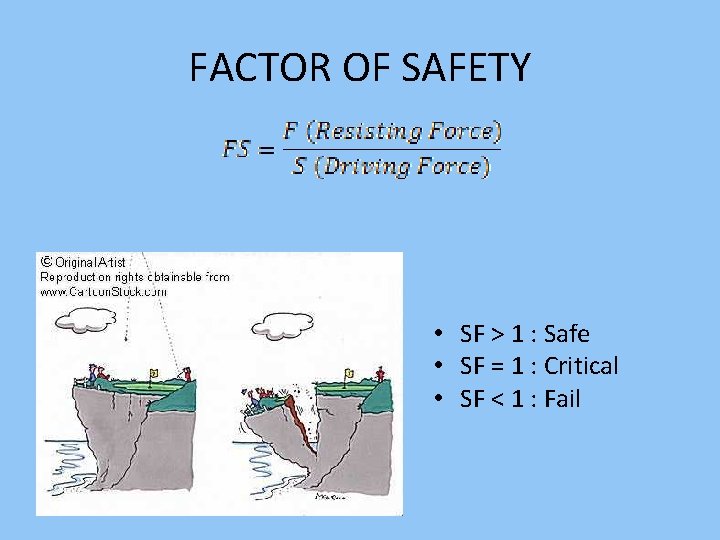 FACTOR OF SAFETY • SF > 1 : Safe • SF = 1 :
