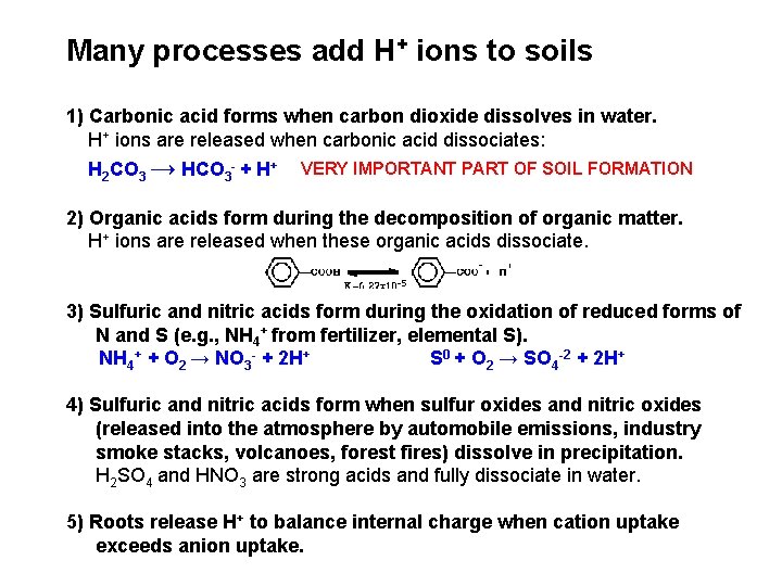 Many processes add H+ ions to soils 1) Carbonic acid forms when carbon dioxide