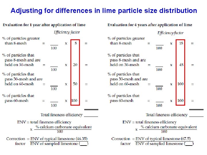 Adjusting for differences in lime particle size distribution 