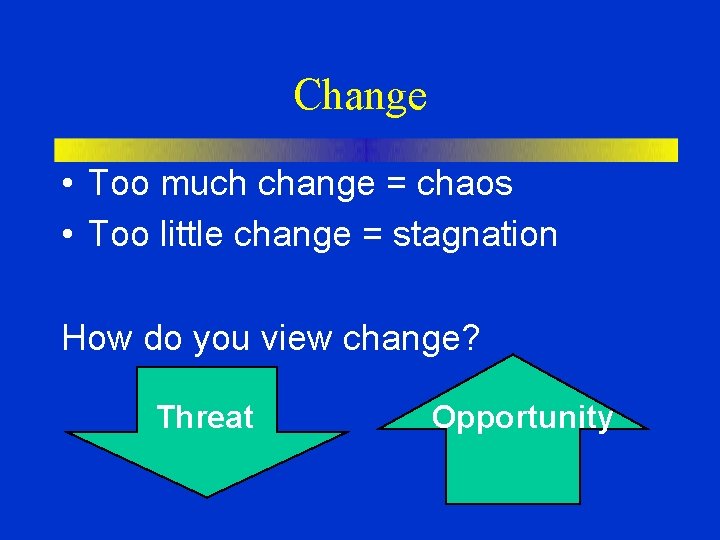 Change • Too much change = chaos • Too little change = stagnation How