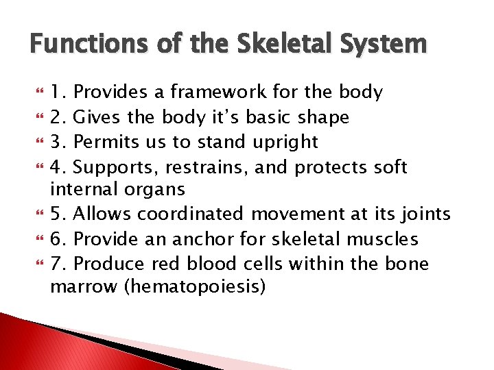 Functions of the Skeletal System 1. Provides a framework for the body 2. Gives