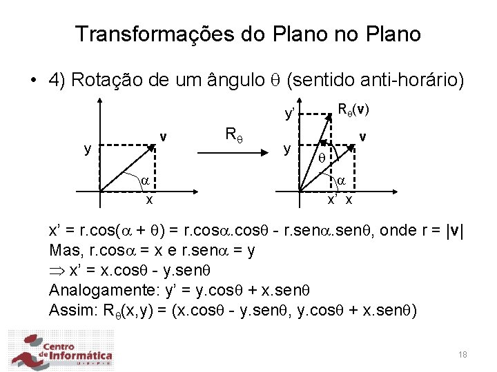 Transformações do Plano no Plano • 4) Rotação de um ângulo (sentido anti-horário) R