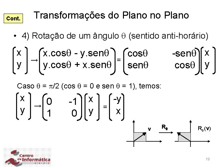 Cont. Transformações do Plano no Plano • 4) Rotação de um ângulo (sentido anti-horário)