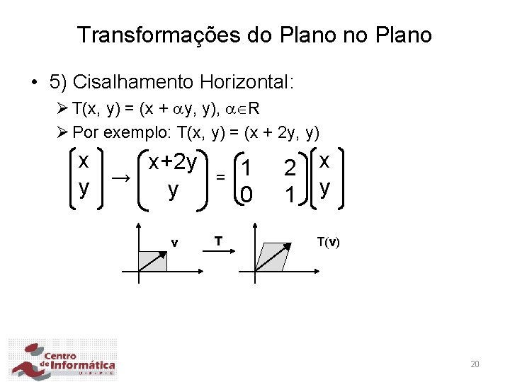 Transformações do Plano no Plano • 5) Cisalhamento Horizontal: Ø T(x, y) = (x