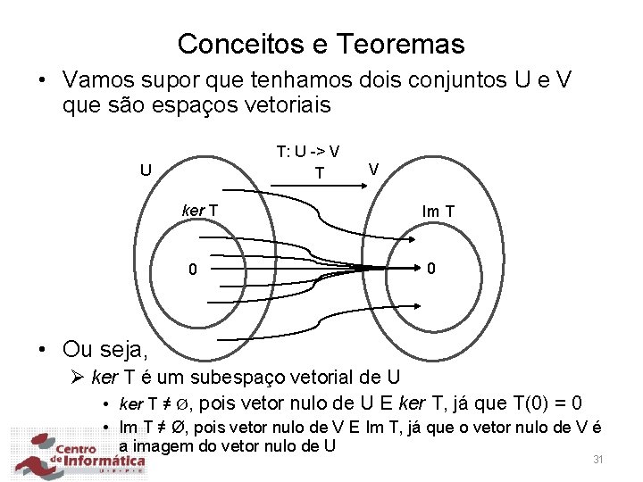 Conceitos e Teoremas • Vamos supor que tenhamos dois conjuntos U e V que