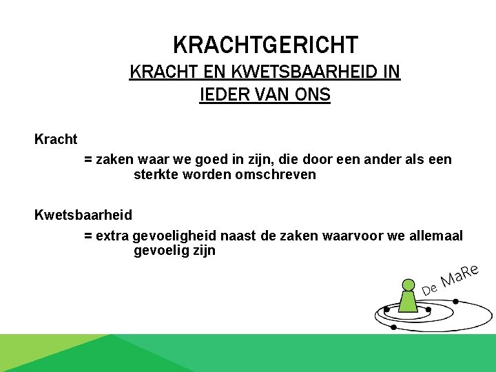 KRACHTGERICHT KRACHT EN KWETSBAARHEID IN IEDER VAN ONS Kracht = zaken waar we goed