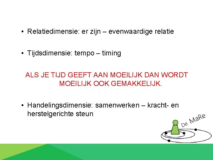  • Relatiedimensie: er zijn – evenwaardige relatie • Tijdsdimensie: tempo – timing ALS