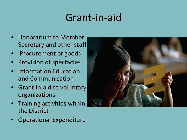 Grant-in-aid • Honorarium to Member Secretary and other staff • Procurement of goods •