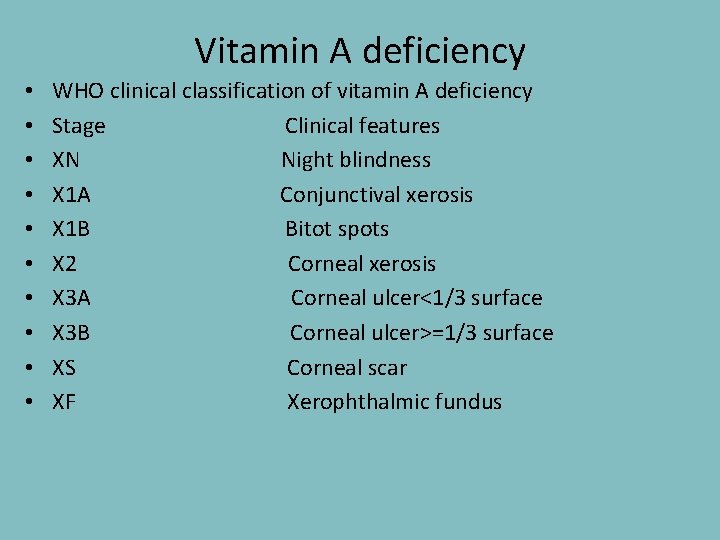 Vitamin A deficiency • • • WHO clinical classification of vitamin A deficiency Stage