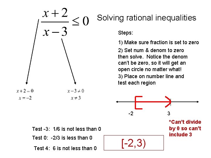 Solving rational inequalities Steps: 1) Make sure fraction is set to zero 2) Set
