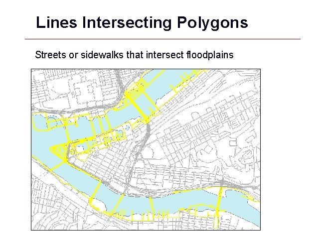 Lines Intersecting Polygons Streets or sidewalks that intersect floodplains GIS 17 