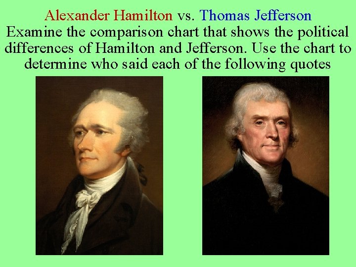 Alexander Hamilton vs. Thomas Jefferson Examine the comparison chart that shows the political differences