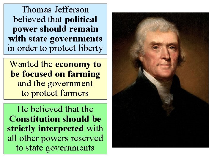 Thomas Jefferson believed that political power should remain with state governments in order to