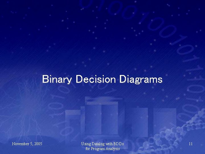 Binary Decision Diagrams November 5, 2005 Using Datalog with BDDs for Program Analysis 11