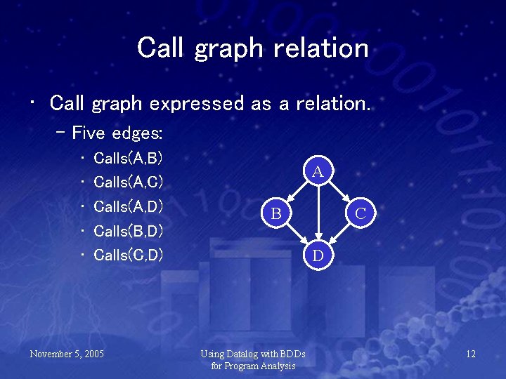 Call graph relation • Call graph expressed as a relation. – Five edges: •