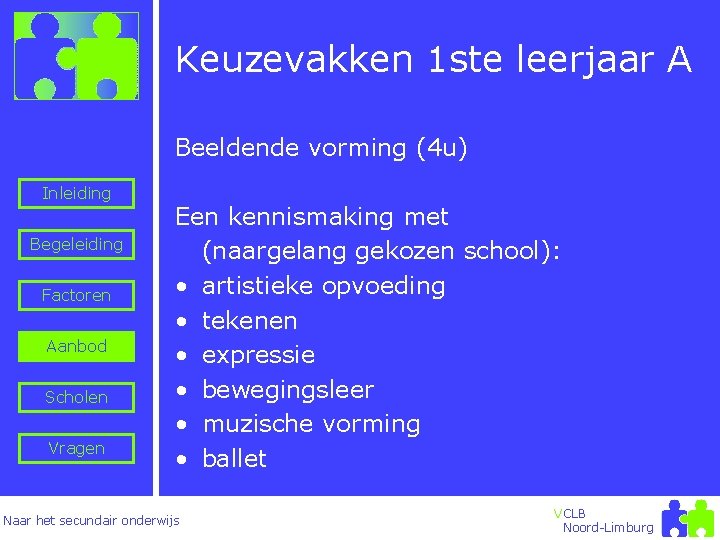 Keuzevakken 1 ste leerjaar A Beeldende vorming (4 u) Inleiding Begeleiding Factoren Aanbod Scholen