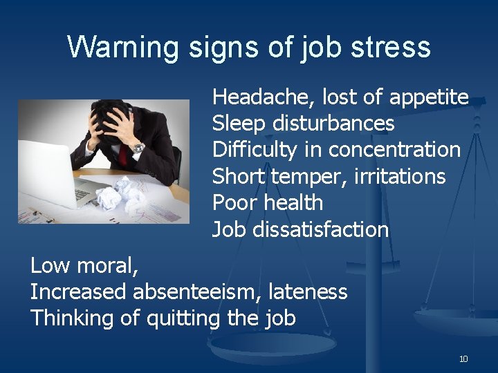 Warning signs of job stress Headache, lost of appetite Sleep disturbances Difficulty in concentration