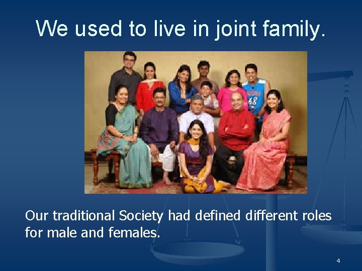 We used to live in joint family. Our traditional Society had defined different roles