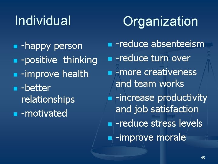 Individual n n n -happy person -positive thinking -improve health -better relationships -motivated Organization