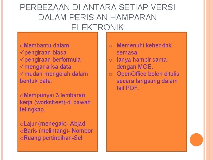 PERBEZAAN DI ANTARA SETIAP VERSI DALAM PERISIAN HAMPARAN ELEKTRONIK o. Membantu dalam üpengiraan biasa