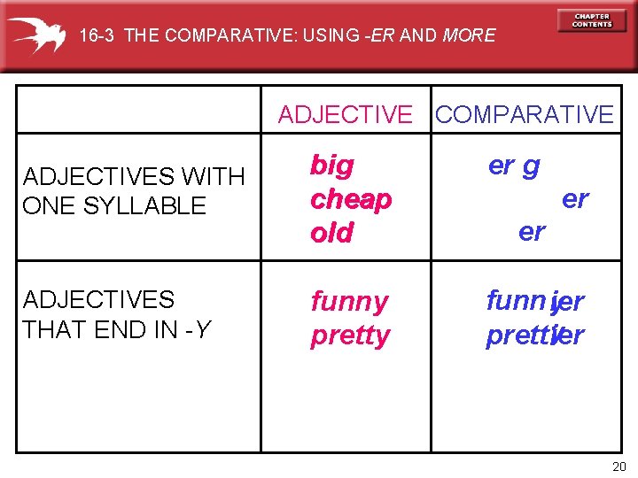 16 -3 THE COMPARATIVE: USING -ER AND MORE ADJECTIVE COMPARATIVE ADJECTIVES WITH ONE SYLLABLE