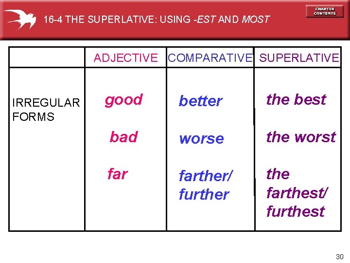 16 -4 THE SUPERLATIVE: USING -EST AND MOST ADJECTIVE COMPARATIVE SUPERLATIVE IRREGULAR FORMS good