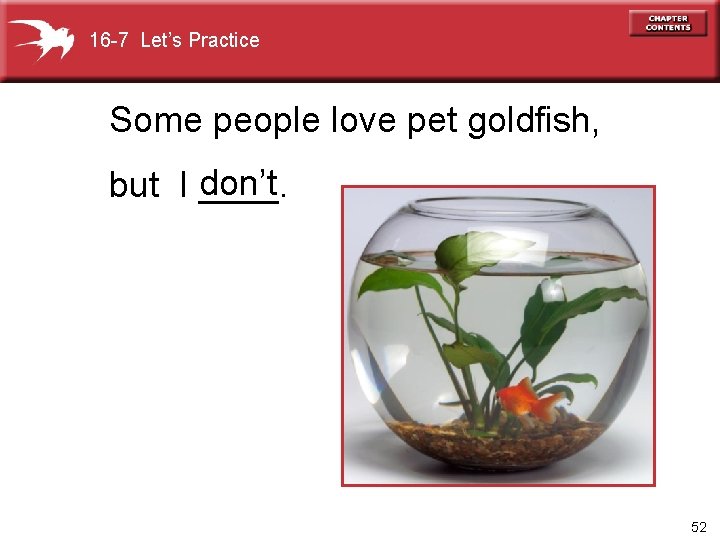 16 -7 Let’s Practice Some people love pet goldfish, don’t but I ____. 52